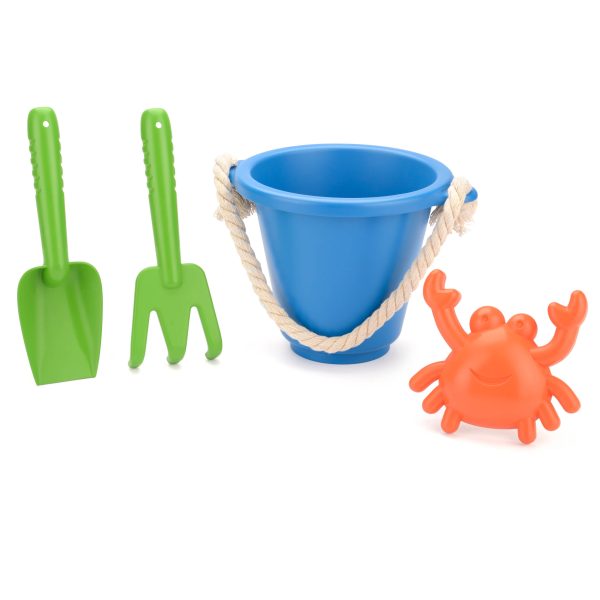 Yel 4-piece recycled plastic beach set with bucket, spade, rake and crab mould — BeachSupplies.co.uk