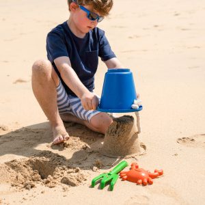 Yel 4-piece recycled plastic beach set with bucket, spade, rake and crab mould — BeachSupplies.co.uk