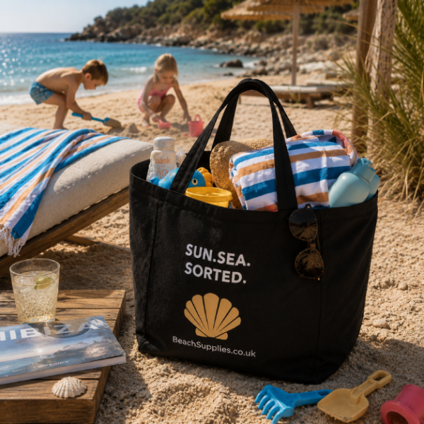 BeachSupplies.co.uk Beach Tote Bag packed for a beach day — eco cotton tote with 63cm shoulder handles