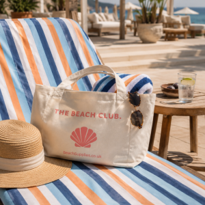 BeachSupplies.co.uk Beach Tote Bag packed for a beach day — eco cotton tote with 63cm shoulder handles