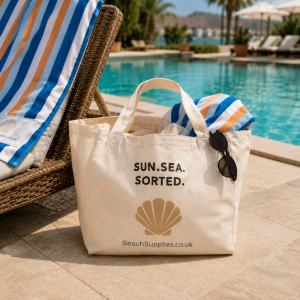 BeachSupplies.co.uk Beach Tote Bag packed for a beach day — eco cotton tote with 63cm shoulder handles