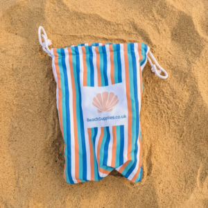 BeachSupplies.co.uk Sun Lounger Towel in use on a pool lounger — recycled rPET, 75 x 210cm with headrest pocket and storage pockets
