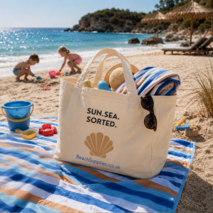 BeachSupplies.co.uk Beach Tote Bag in natural cotton and recycled canvas with seashell logo — 60 x 31 x 20cm
