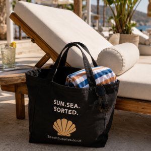 BeachSupplies.co.uk Beach Tote Bag packed for a beach day — eco cotton tote with 63cm shoulder handles