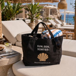 BeachSupplies.co.uk Beach Tote Bag packed for a beach day — eco cotton tote with 63cm shoulder handles