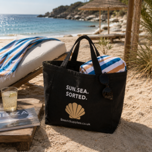 BeachSupplies.co.uk Beach Tote Bag packed for a beach day — eco cotton tote with 63cm shoulder handles