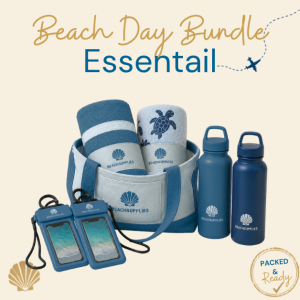 BeachSupplies.co.uk Family Beach Day Bundle Essential — two adult cabana beach towels, two kids beach towels, reusable water bottles and waterproof phone pouches