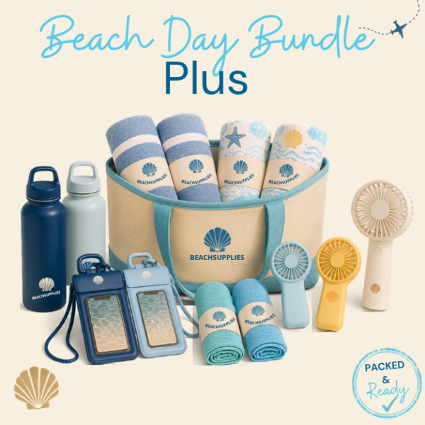 BeachSupplies.co.uk Family Beach Day Bundle Plus — cabana towels, kids towels, water bottles, waterproof pouches, cooling towels, sand-free blanket, fans and beach tote