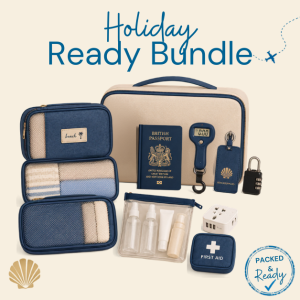 Holiday Ready Bundle EU – travel essentials kit with packing cubes, luggage scales, UK to EU adaptor, padlock, first aid kit and toiletry bottles