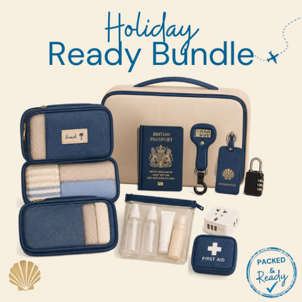 Holiday Ready Bundle EU – travel essentials kit with packing cubes, luggage scales, UK to EU adaptor, padlock, first aid kit and toiletry bottles
