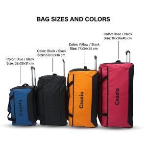 Cassia 200 trolley duffle wheeled bag shown in all four sizes and colourways: black, blue, orange and raspberry red