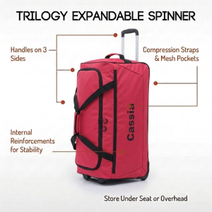Cassia 200 trolley duffle wheeled bag features diagram showing trolley wheels and compression straps