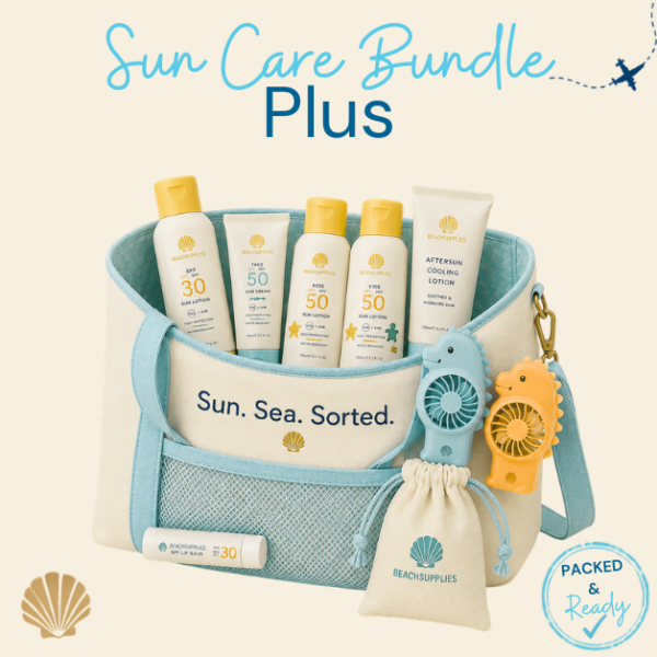BeachSupplies.co.uk Family Sun Care Plus Bundle — Piz Buin SPF lotions, Childs Farm Kids SPF 50+, Bondi Sands face fluid, Malibu face and lip duo, after sun and handheld fans